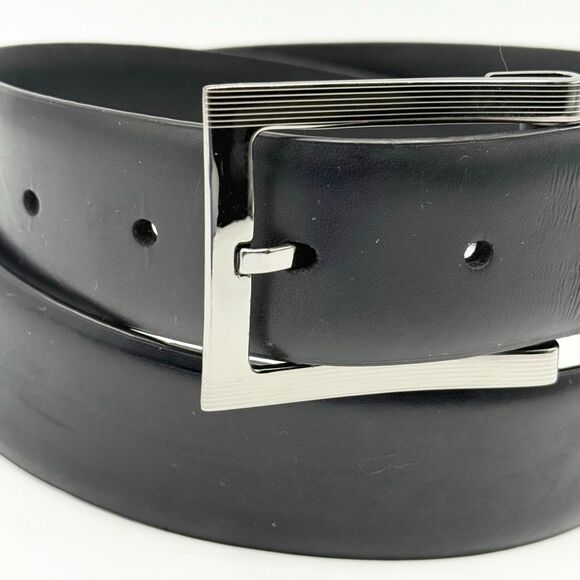 Genuine Leather Black Belt with Chrome Silver Buckle - Men’s US 36 - Picture 3 of 5